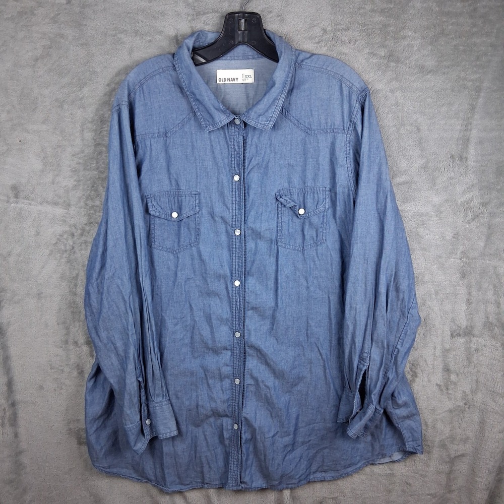 Old Navy Mens XXL Blue Chambray Western Pearl Snap Long Sleeve Shirt S/772271-00